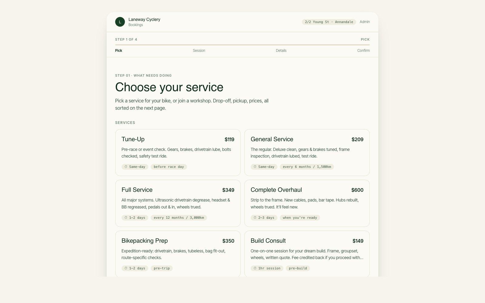 Laneway Cyclery Bookings screenshot